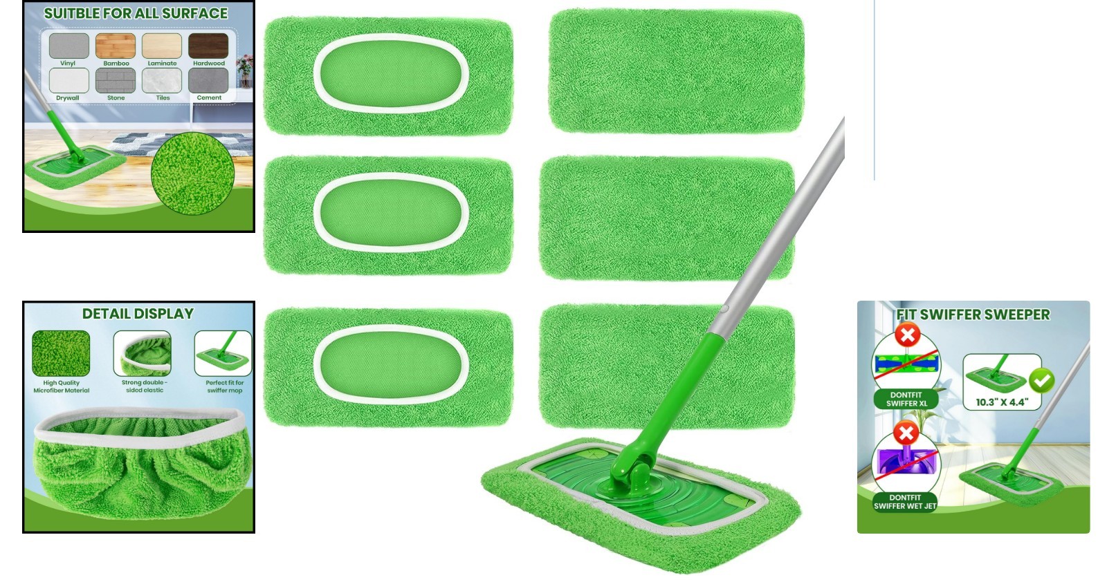 6 Pack Reusable Microfiber Mop Pads – Eco-Friendly Cleaning for All Floors