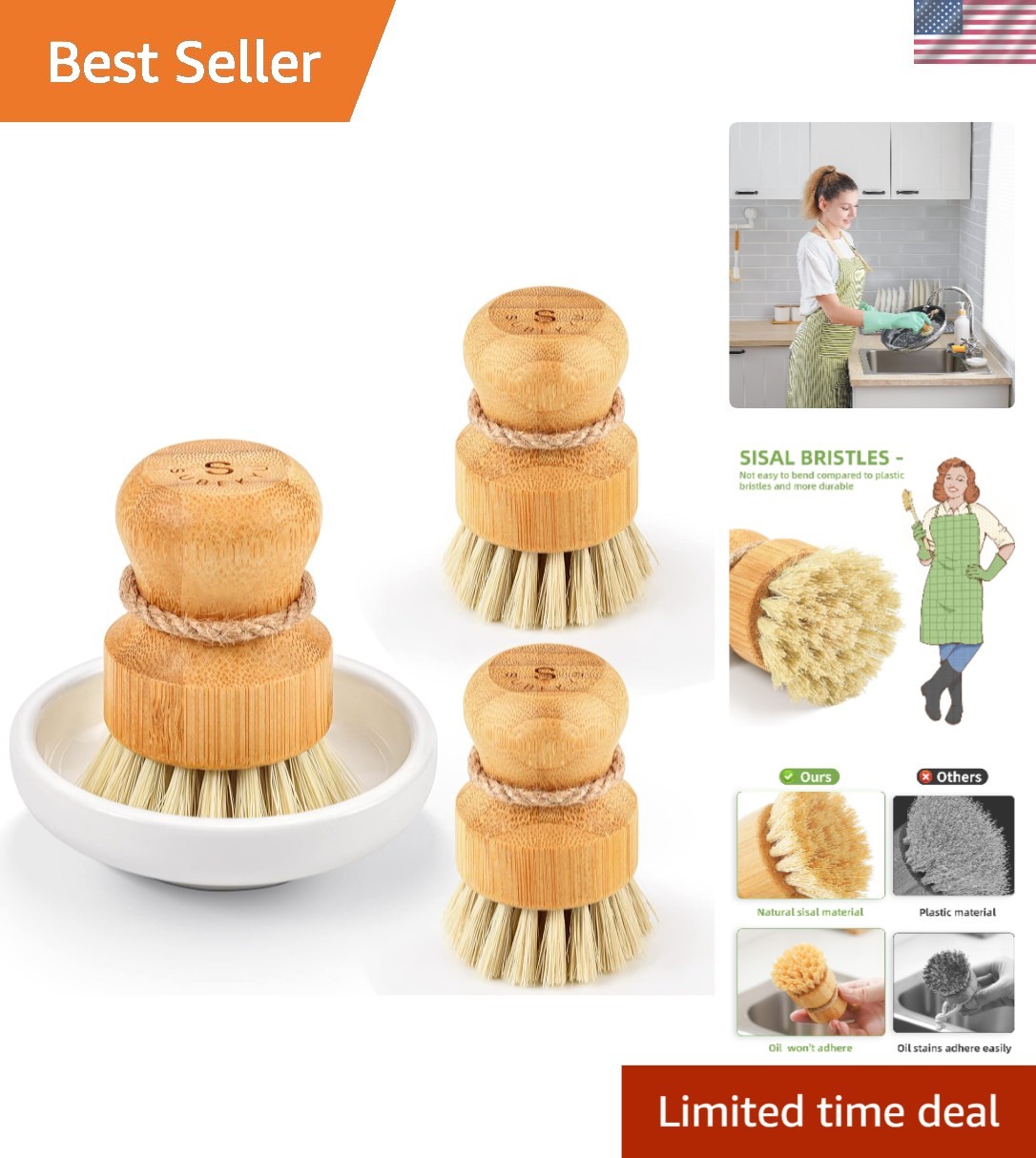 Bamboo Dish Scrub Brushes Set for Kitchen Cleaning Sisal Bristles 3pcs