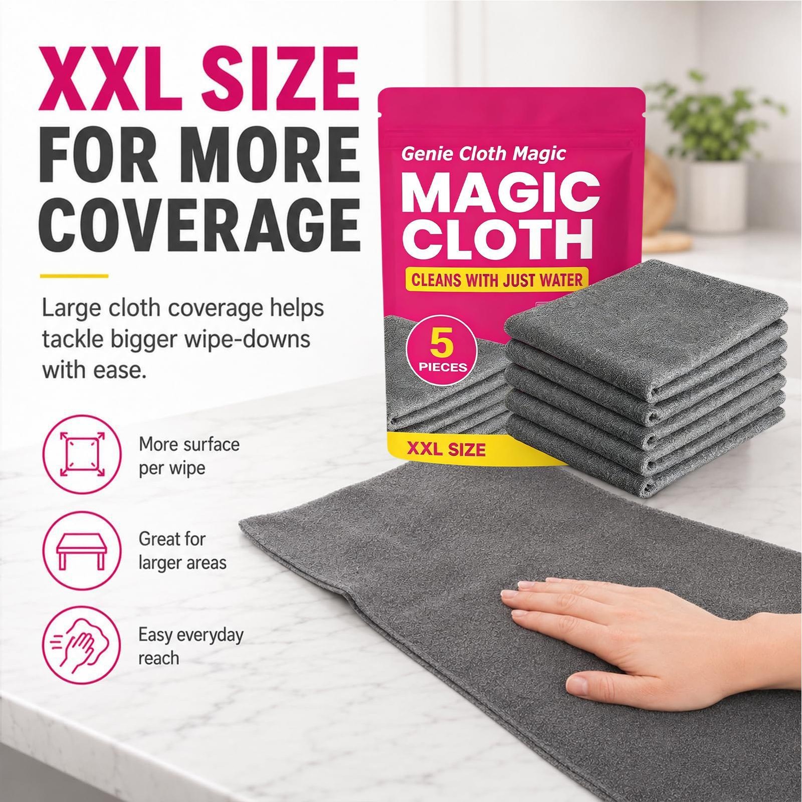 Genie Magic Cleaning Cloth, Lint Free Microfiber Cleaning Cloths, 5 Pieces