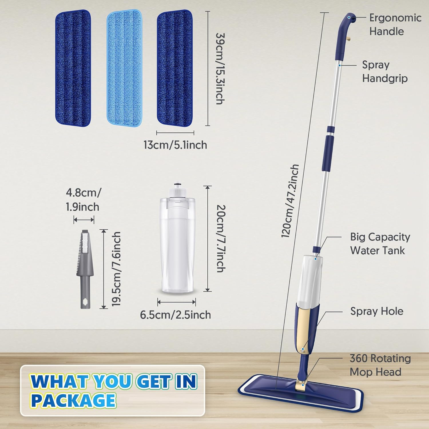 Spray Mop Floor Cleaner Wet Dry Flat Mop w/ 3 Reusable Pads for Hardwood Tile