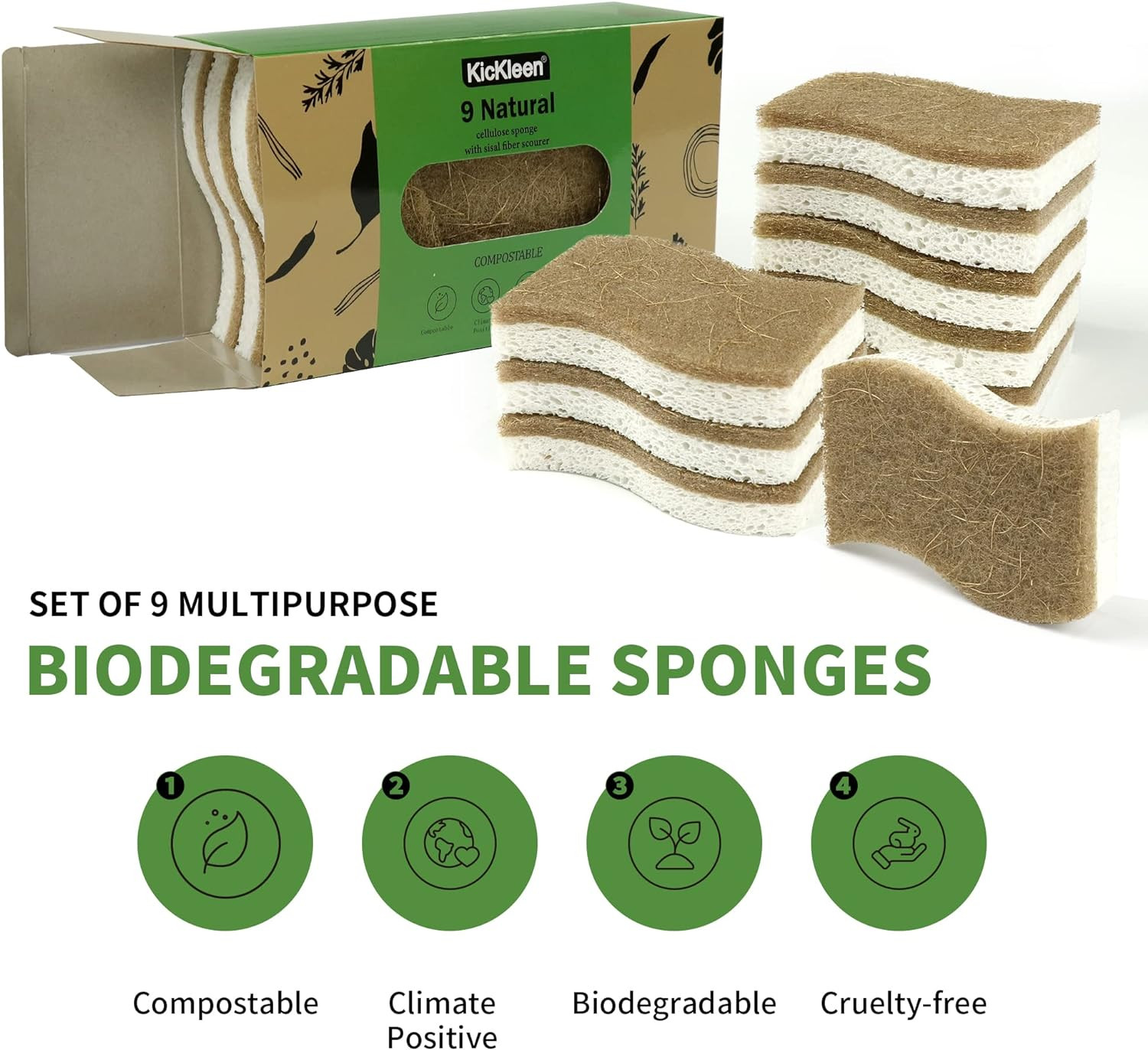 9 Pack Biodegradable Natural Kitchen Sponge – Compostable Cellulose and Coconut