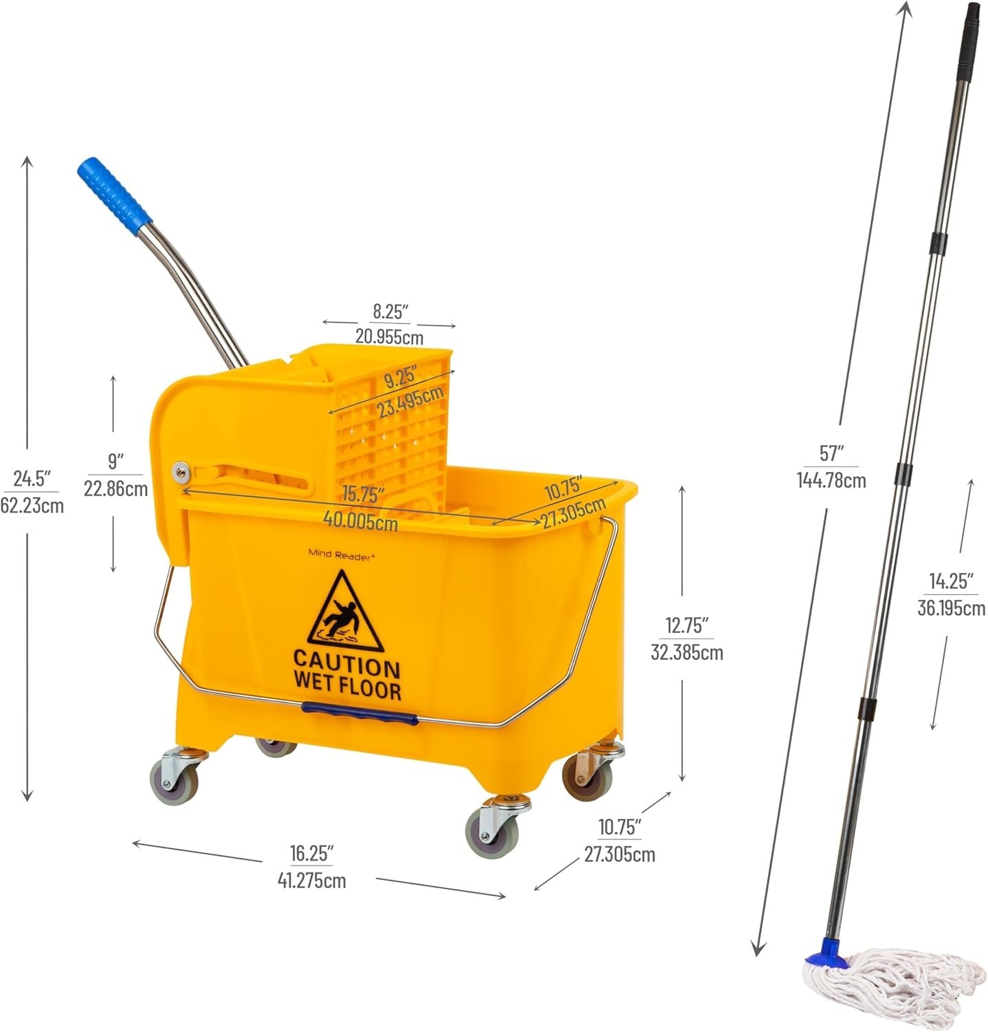 Mind Reader Floor Cleaning Bucket with Wringer and Mop Set – Yellow with Wheels