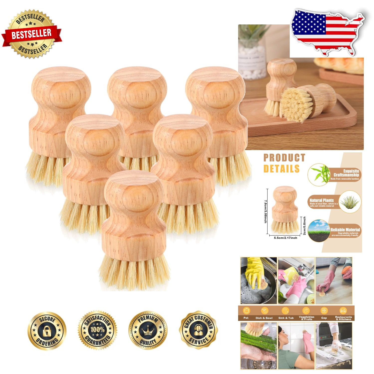 Bulk 50 Bamboo Kitchen Scrub Brushes – Sturdy Sisal Bristles, Easy Grip Handle