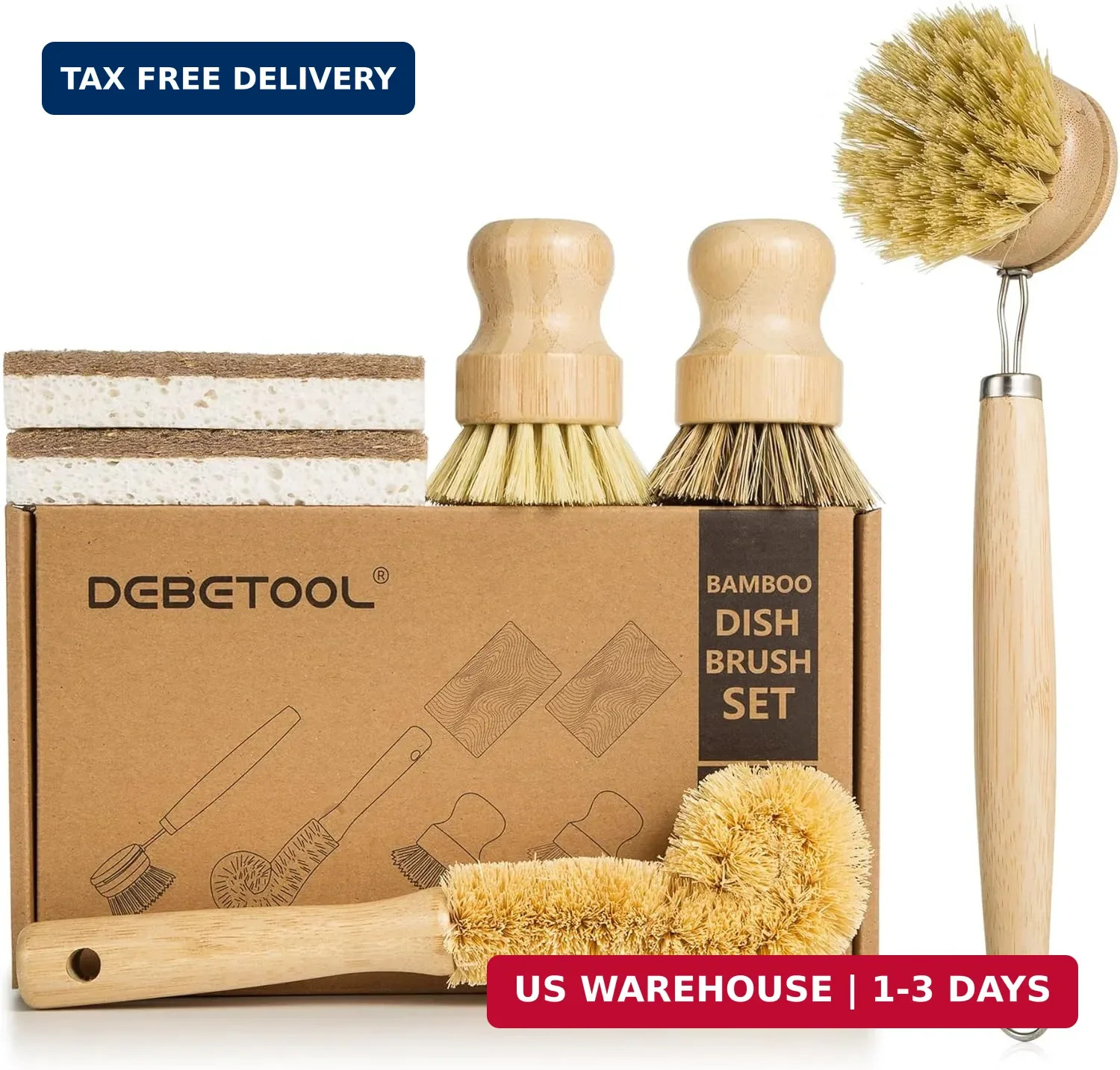 Bamboo Kitchen Cleaning Brush Kit with Sisal Palm Fiber & Coconut Sponge