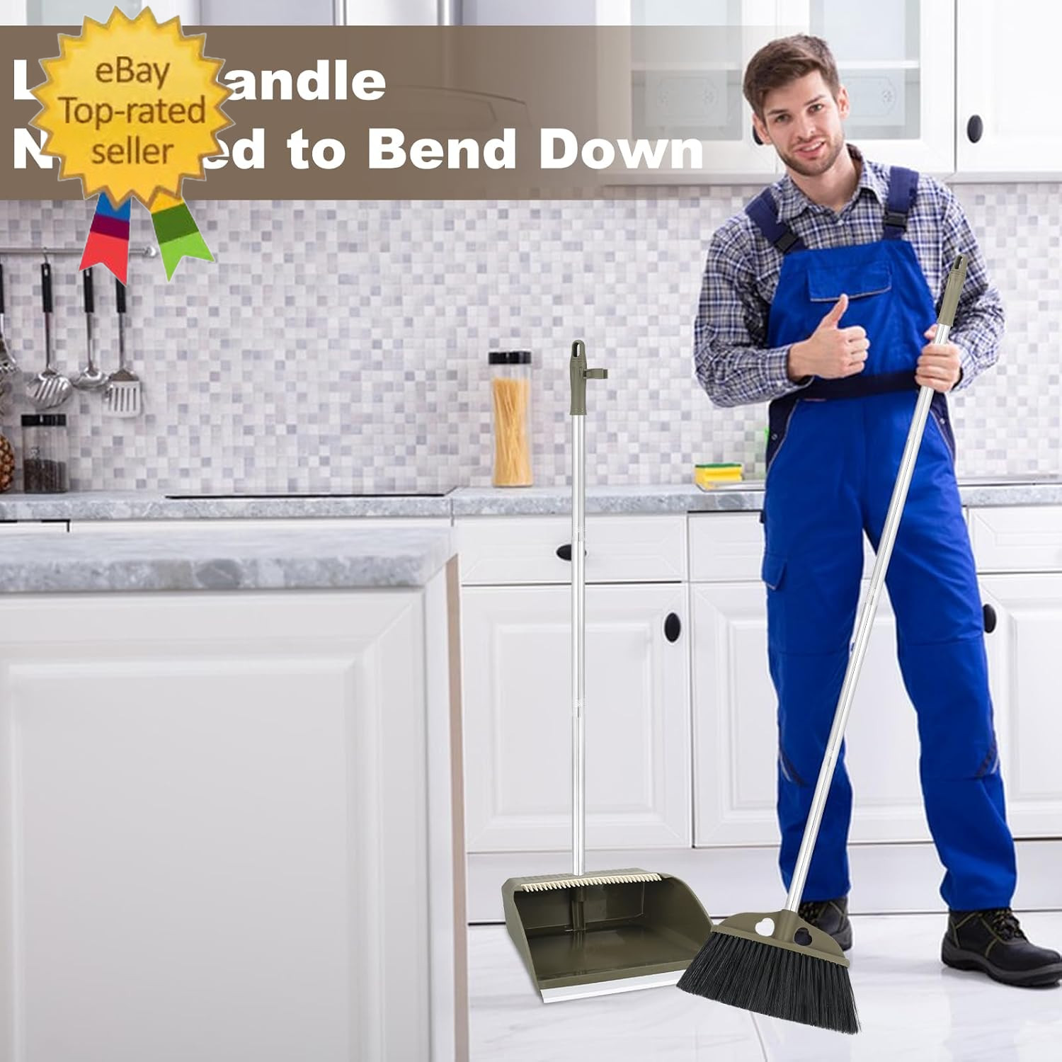 Upgrade Broom with Dustpan Combo Set,48” Long Handle Stiff Broom Bristles with