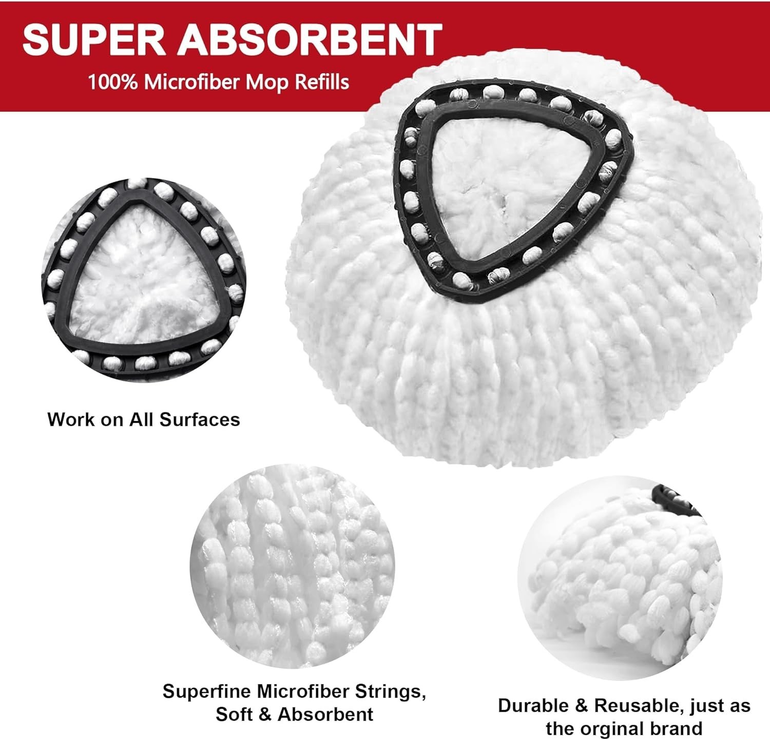 Microfiber Mop Heads Replacement Pack 4 for Spin Mop Easy Cleaning Floor