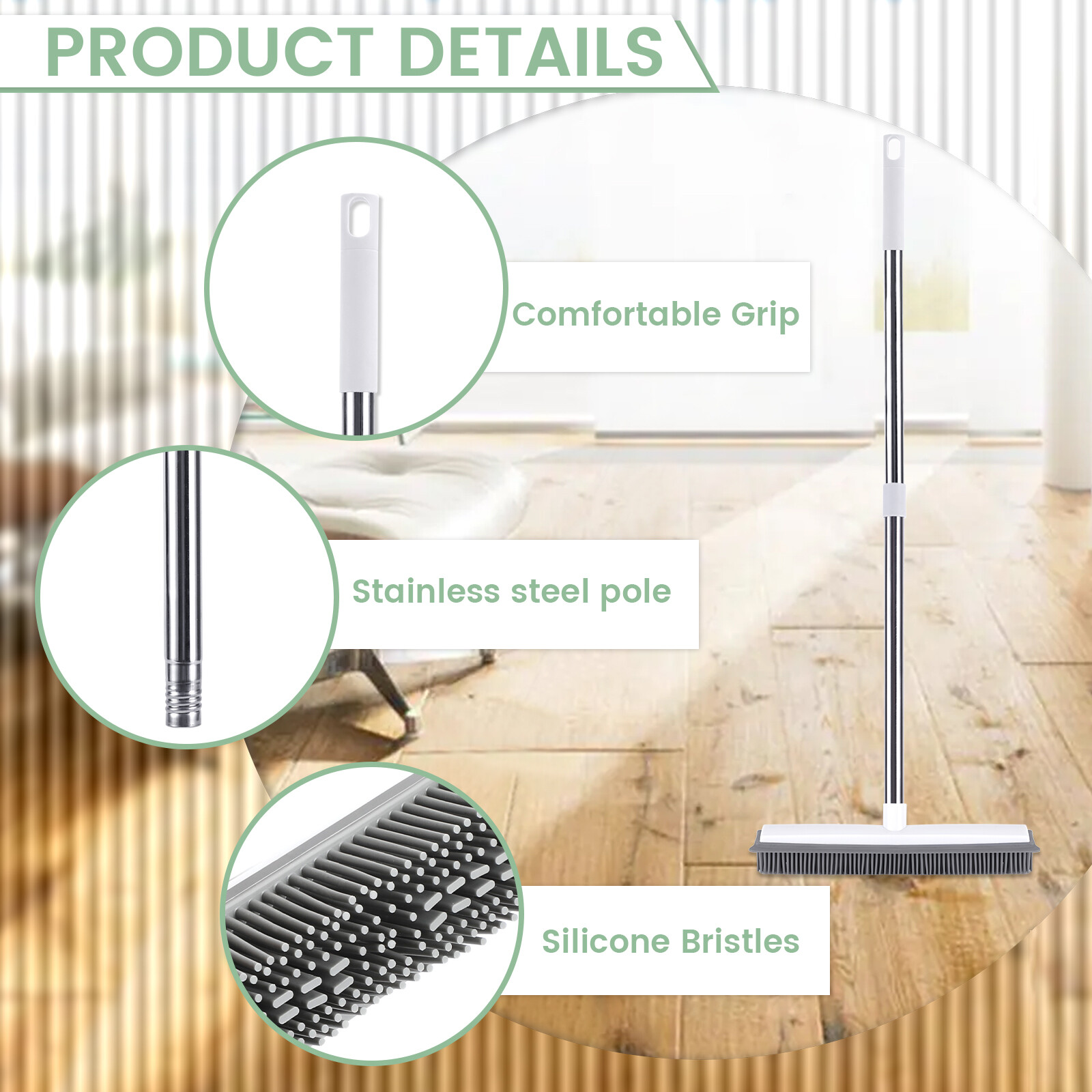 Rubber Silicone Broom Pet Hair Remover, with Telescoping Handle 31 in to 58 inch