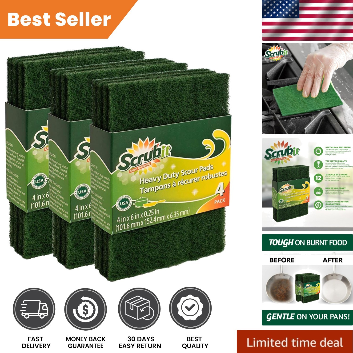 12 Pack Green Scouring Pads – Heavy Duty Non-Scratch Cleaning Solution