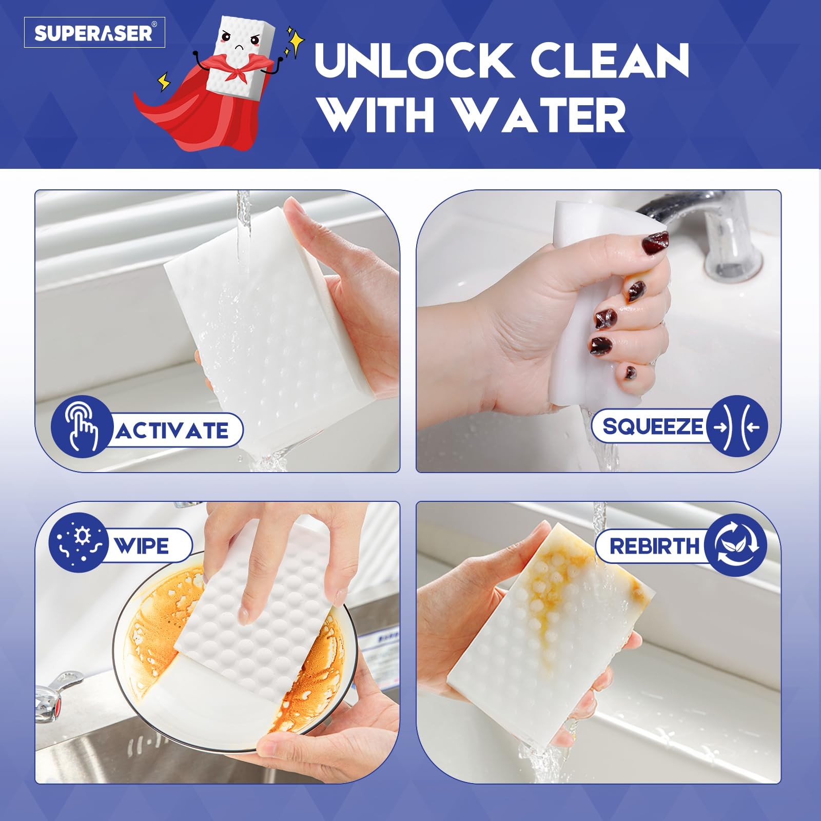 Essential-50 Melamine Cleaning Sponges, Water-Only, 50 Count
