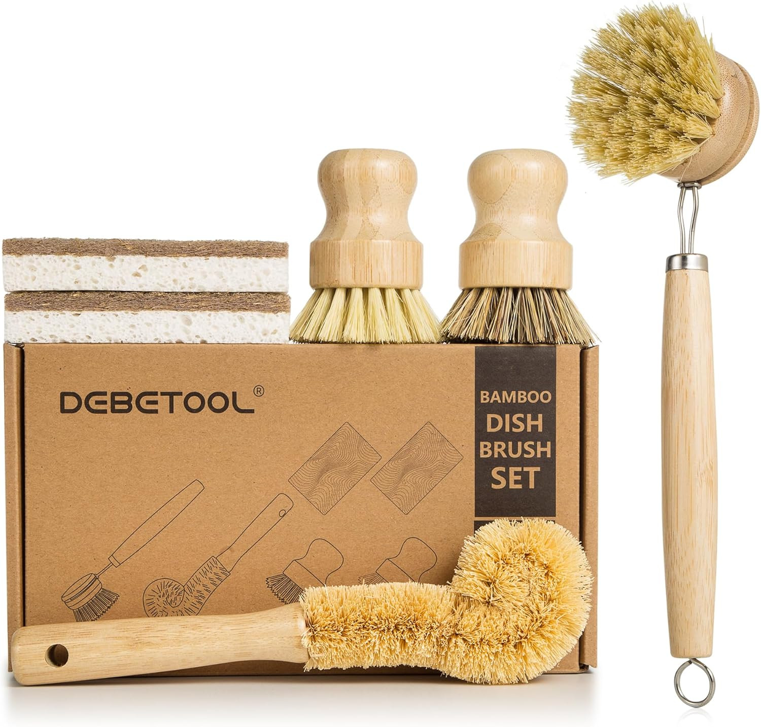 6 Piece Bamboo Dish Brush Set with Coconut Sponge – Wooden Dish Brush with Sisal