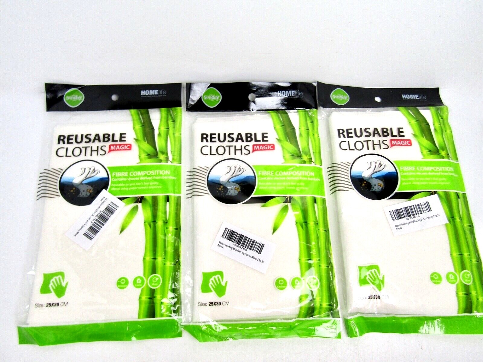 Lot of 3x Reusable Magic Cloths Sunday Home Life 25cm x 30cm 5-Pack Bamboo Fiber