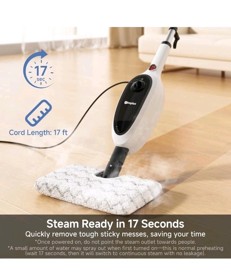 SIMPLUS Steam Mop, 8-in-1 Steam Cleaner, 17S Heat Up, Floor Steamer Double-Sided