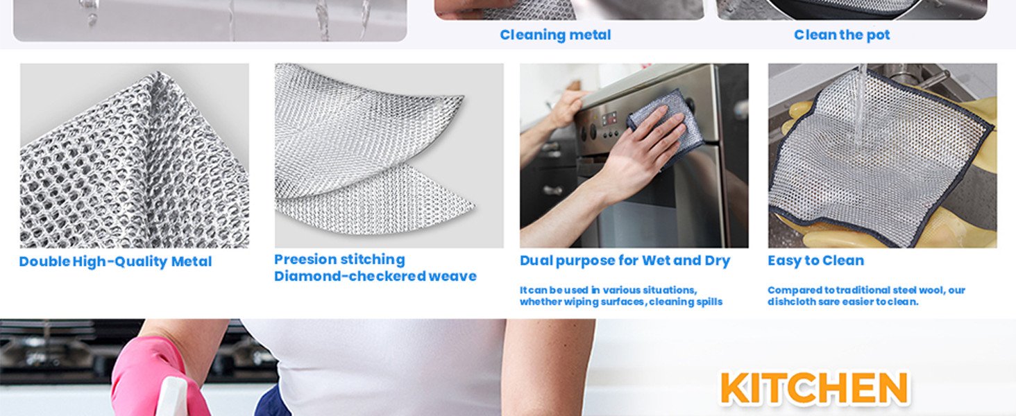 Upgraded 3-Layer Silver Thread Dish Cloths, Metal Mesh & Microfiber Kitchen