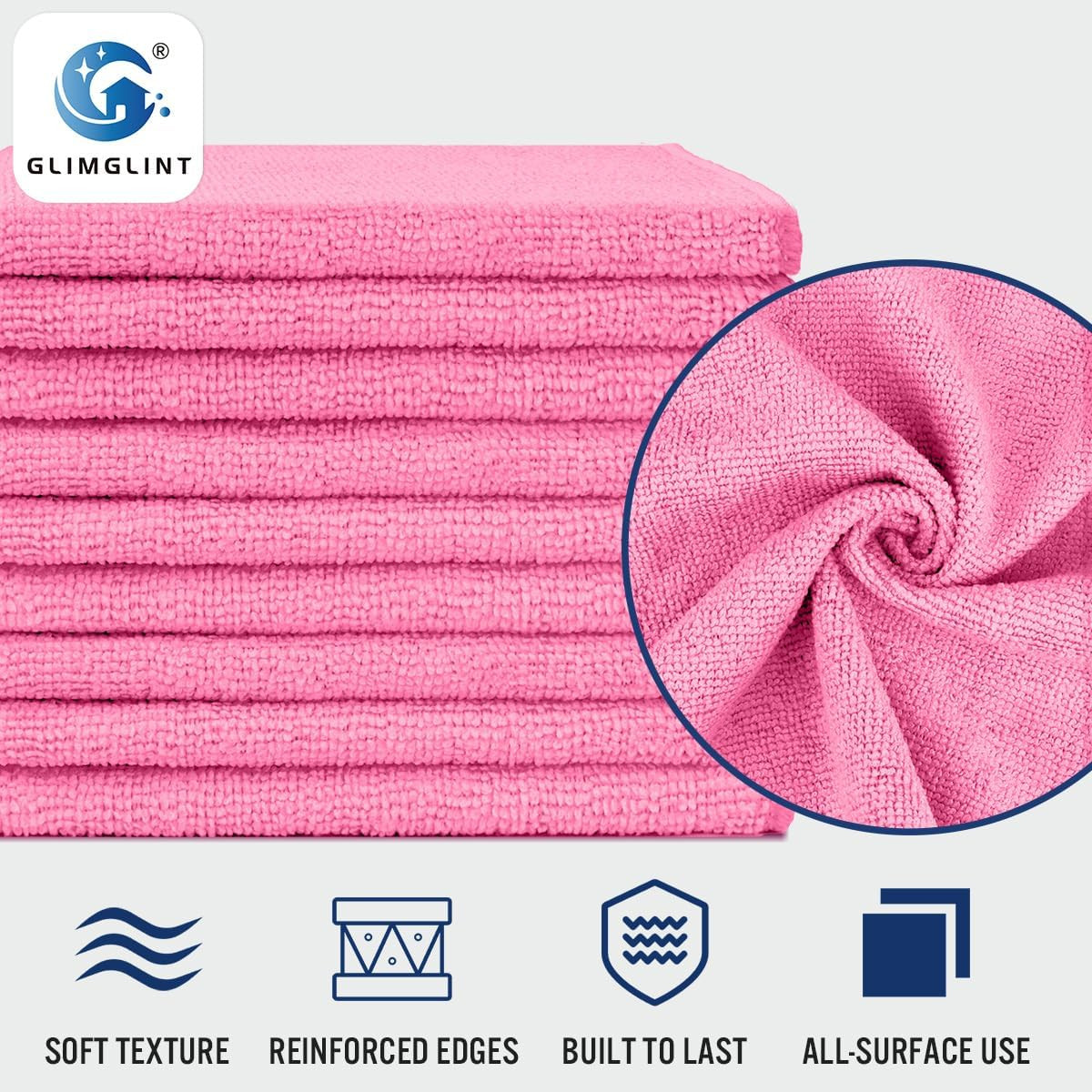 Pink Microfiber Cleaning Cloth, 12 Pack Cleaning Towels for Kitchen, Lint Free,