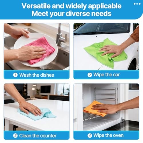 Microfiber Cleaning Cloth,12 Pack Cleaning Rags, Green/Blue/Yellow/Pink