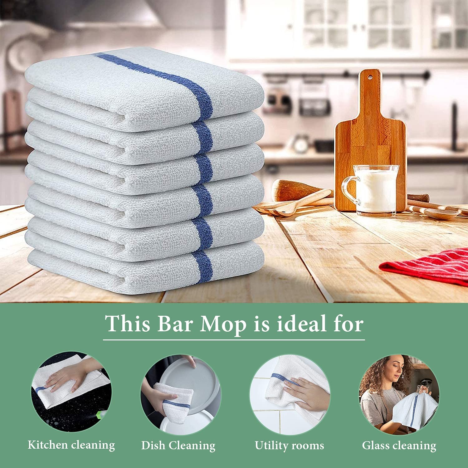 Bar Mop Blue Stripe 10lbs 16×19 Pack of 60 100% Cotton Double Stitched Route Rea