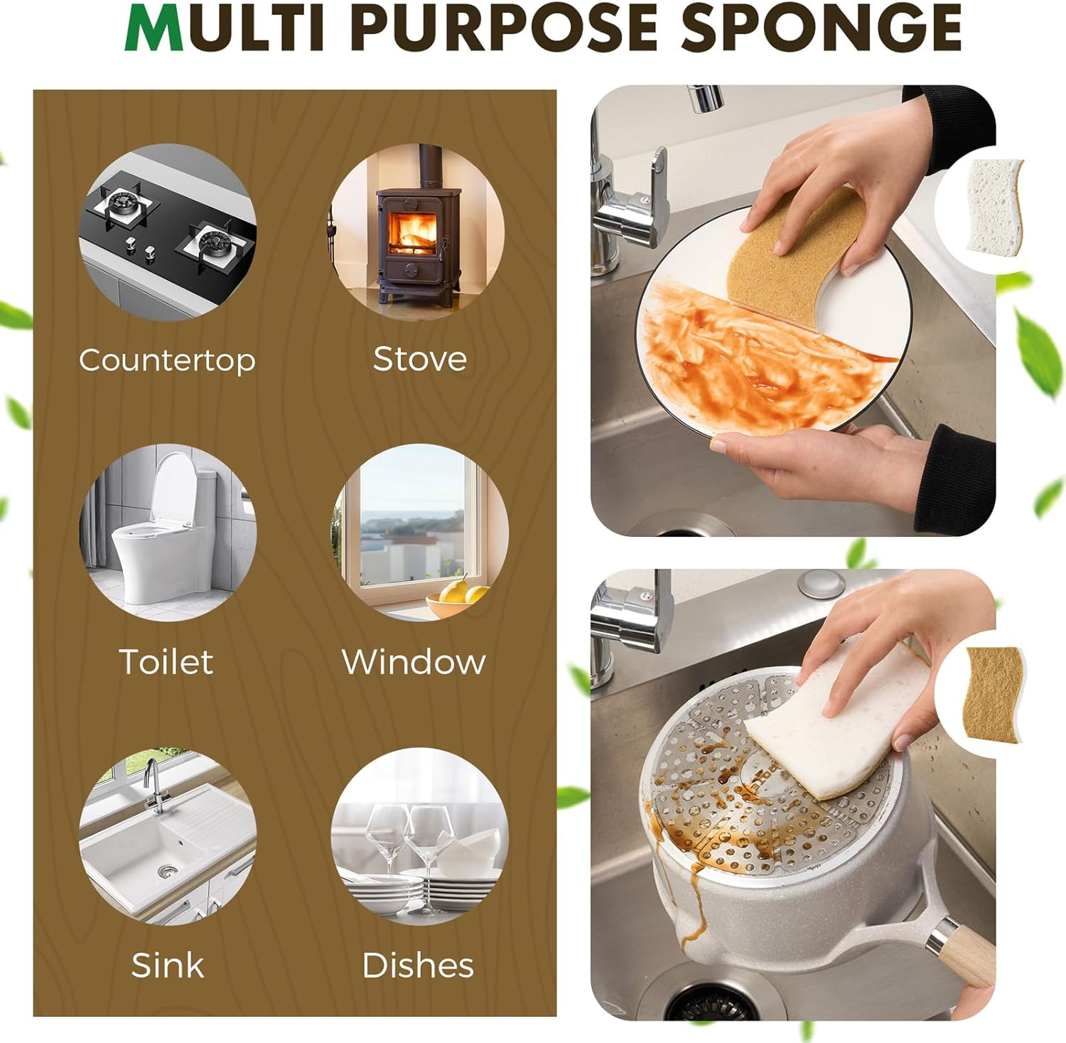 12 Pack Natural Biodegradable Kitchen Non Scratch Sponges,Compostable Plant Base
