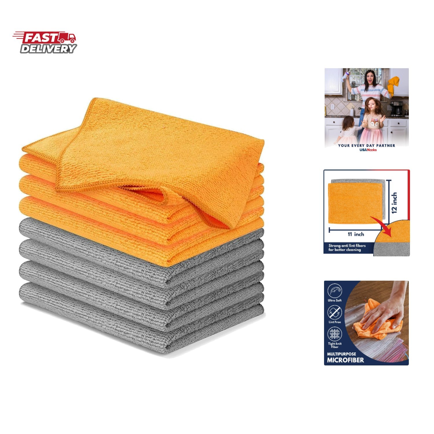 Microfiber Cleaning Cloth – 8 Pcs 12″x11″ – High Performance – 1200 Washes, U…