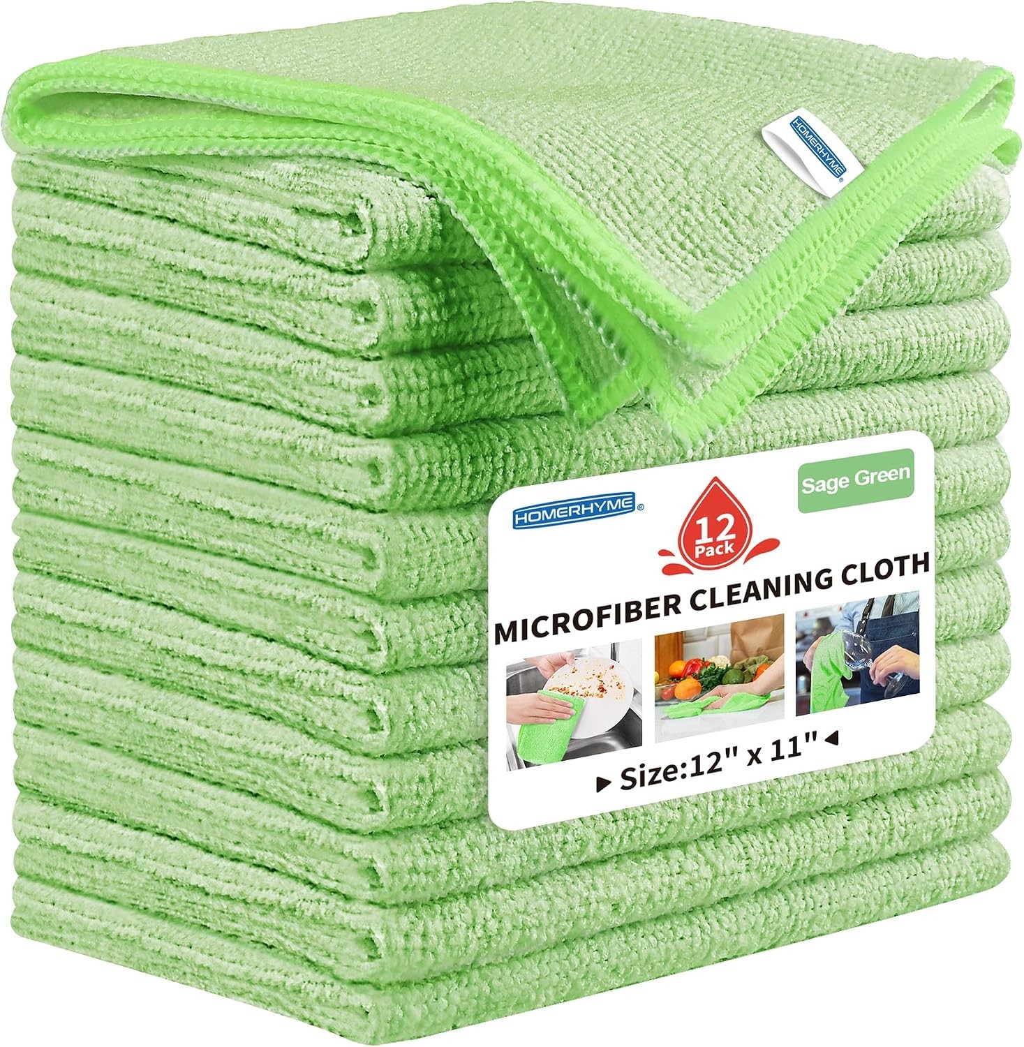 Microfiber Cleaning Cloth, 12 Pack Green Cleaning Rags,12″ X 11″ Lint Dish