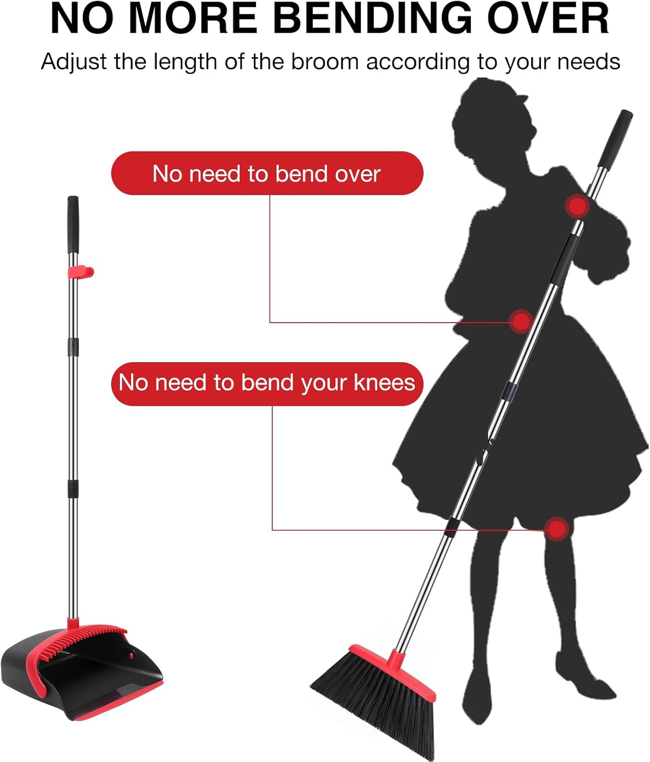 Broom and Dustpan Set, 52-In Long Adjustable Handle Broom Dustpan Combo with Dus