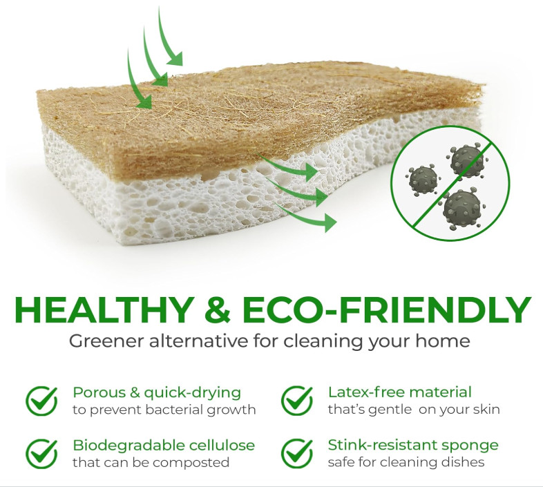 Natural Kitchen Sponge, Biodegradable Compostable Coconut Scrubber, 12 Pack