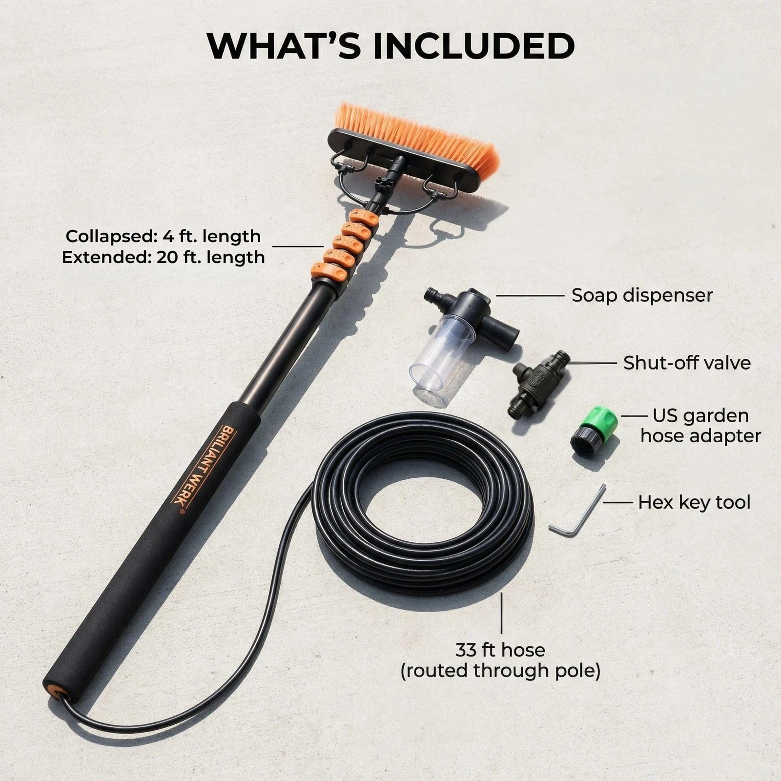 Briliantwerk Solar Panel Cleaning Brush with 20 ft Extension Pole Water Fed Pole