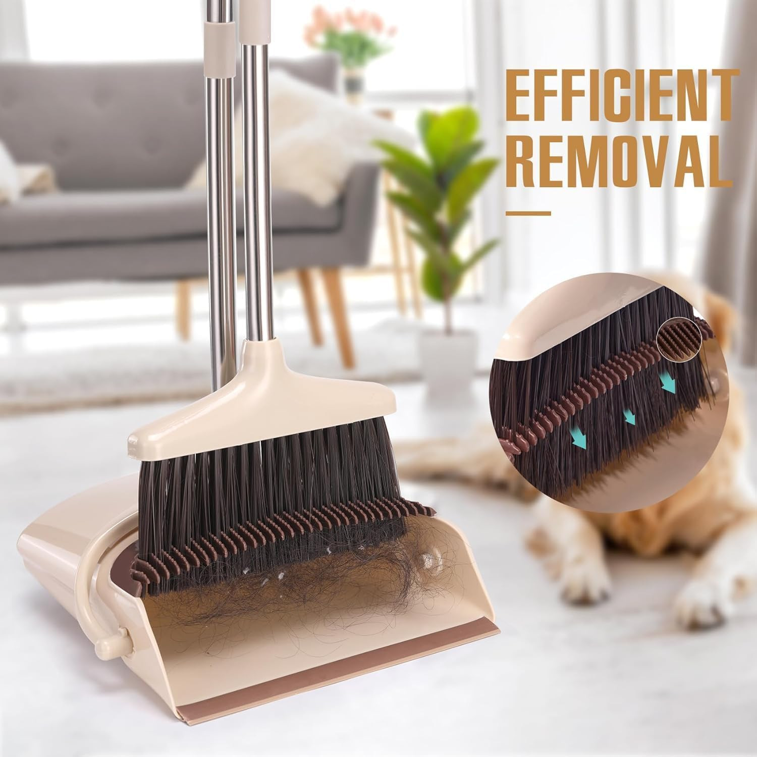 Broom and Dustpan Set with Long Handle, Light Weight Stainless Steel Poles Stand