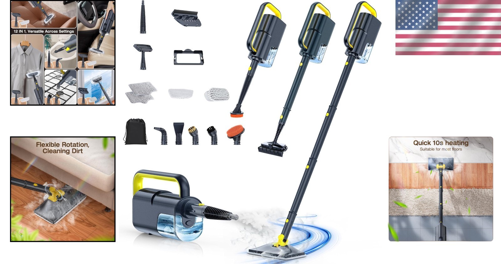 10-in-1 Steam Mop Cleaner, Quick Heat, 350ml Tank, Gray/-