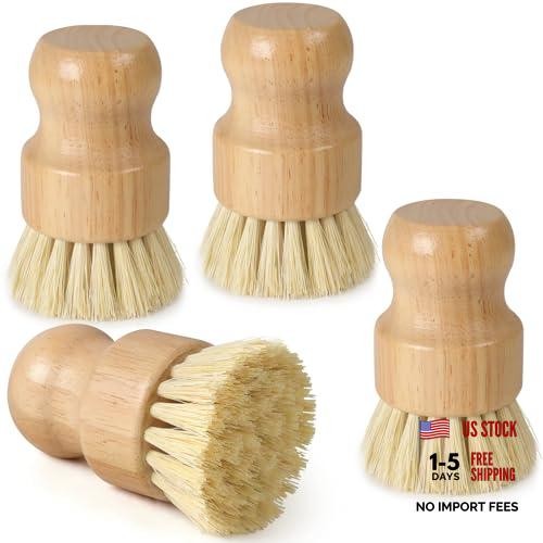 Bamboo Dish Brush Set – Natural Kitchen Scrub Brush with Sisal Bristles – 4 Pack