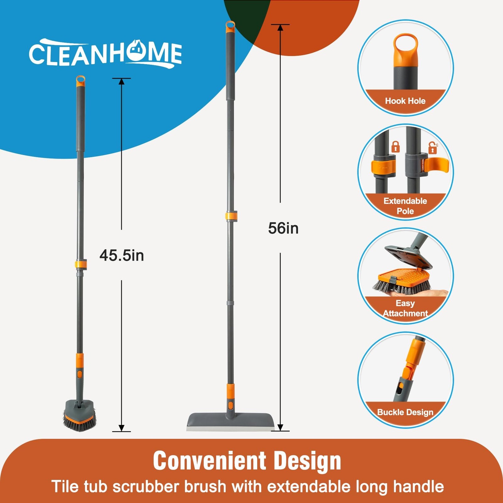 4in1 Extendable Floor Scrub Brush 180 Rotate Tub Tile Squeegee