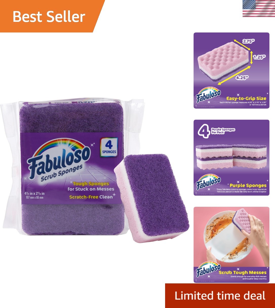 Comfortable Grip 4-Pack Purple Cleaning Sponges – Dual-Sided for Tough Residues