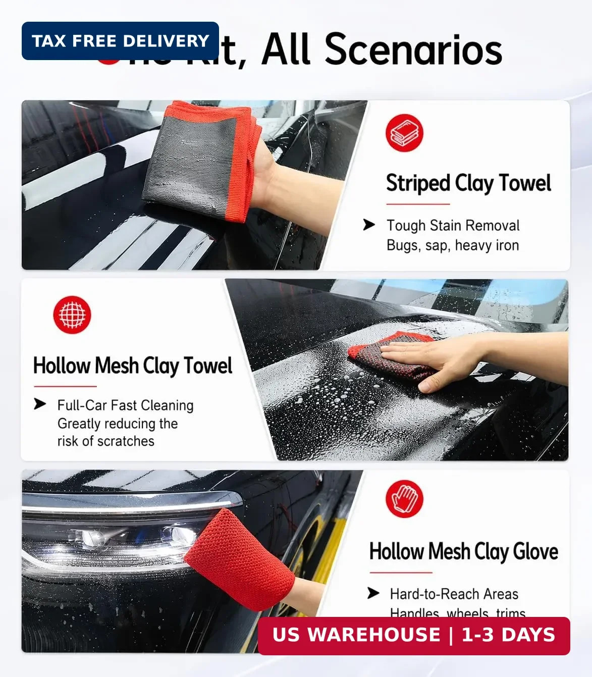 3-in-1 Clay Towel Kit for Car Detailing, 12″ x 12″ Clay Towels & Clay Mitt, Upgr