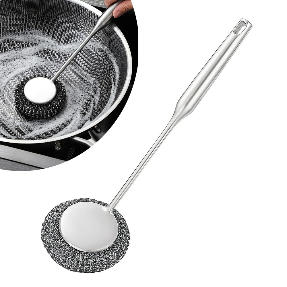 1PC Steel Wool Scrubber with Handle Stainless Steel Cleaning Brushes Cleaning Di