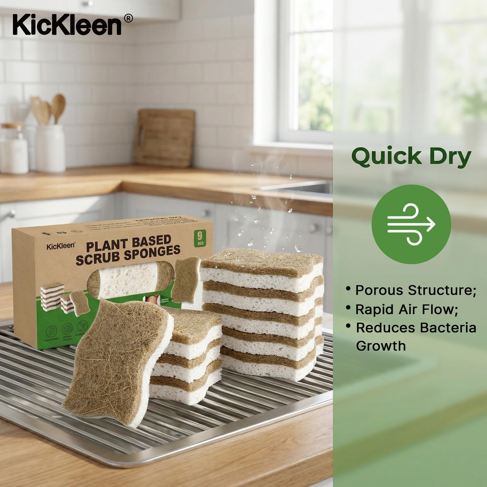 9 Pack Natural Biodegradable Kitchen Sponges Cellulose Walnut Scrubber Pads