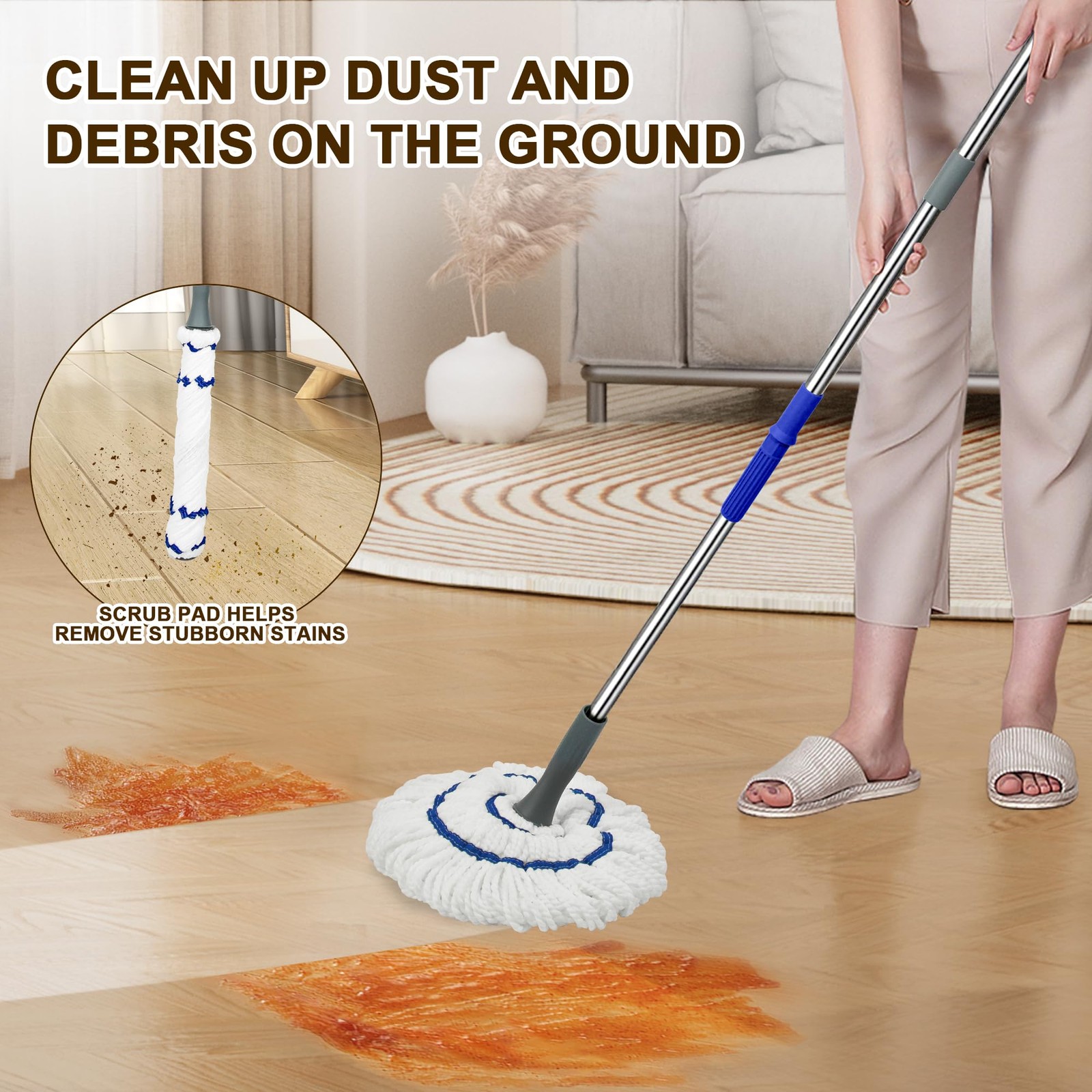 Hardwood Floor Mop, Self Wringing, 52.5 Inch Long Handle, Vinyl Tile, White
