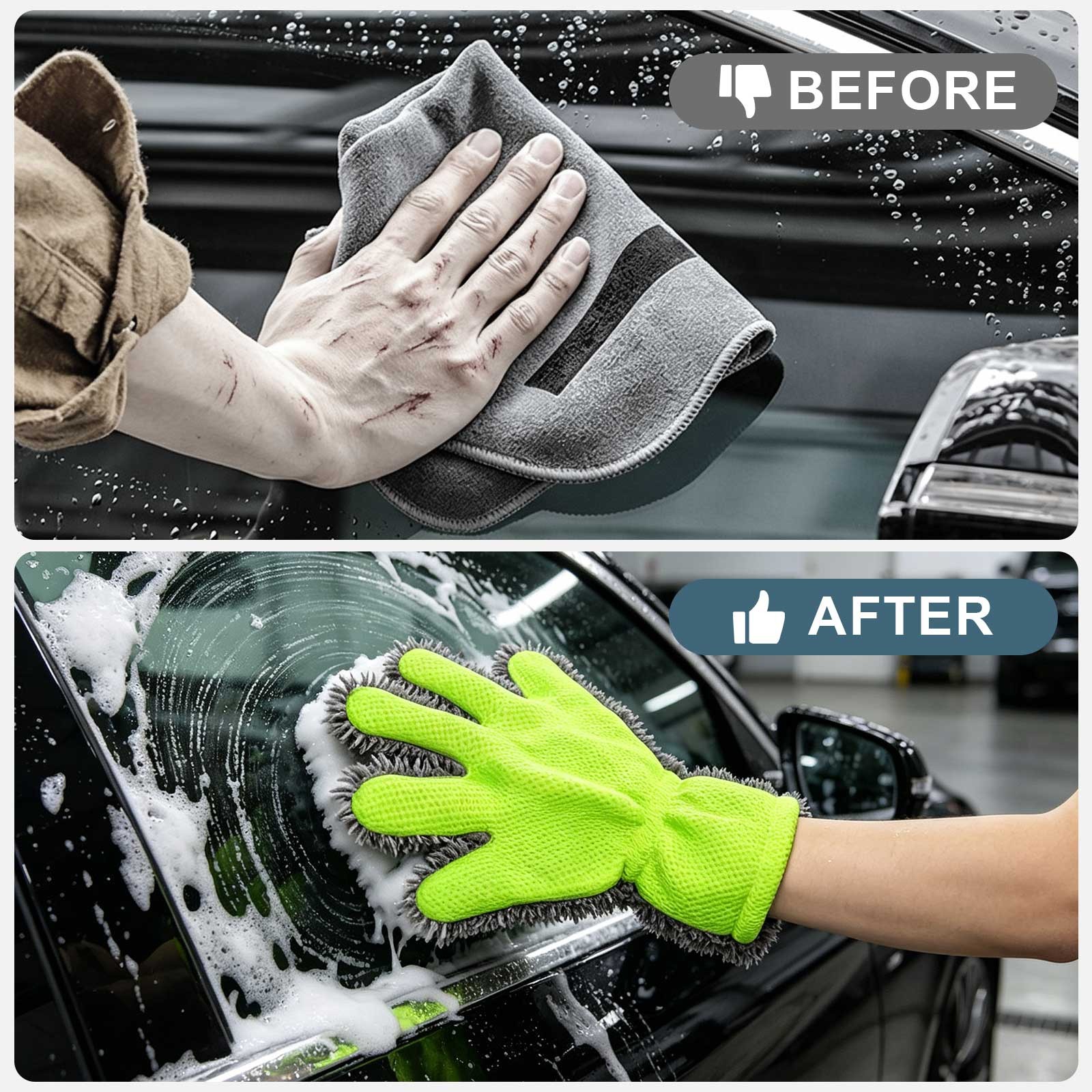 2 PCS 5-Finger Microfiber Wash Mitts Chenille Car Scratch Free Detailing Gloves
