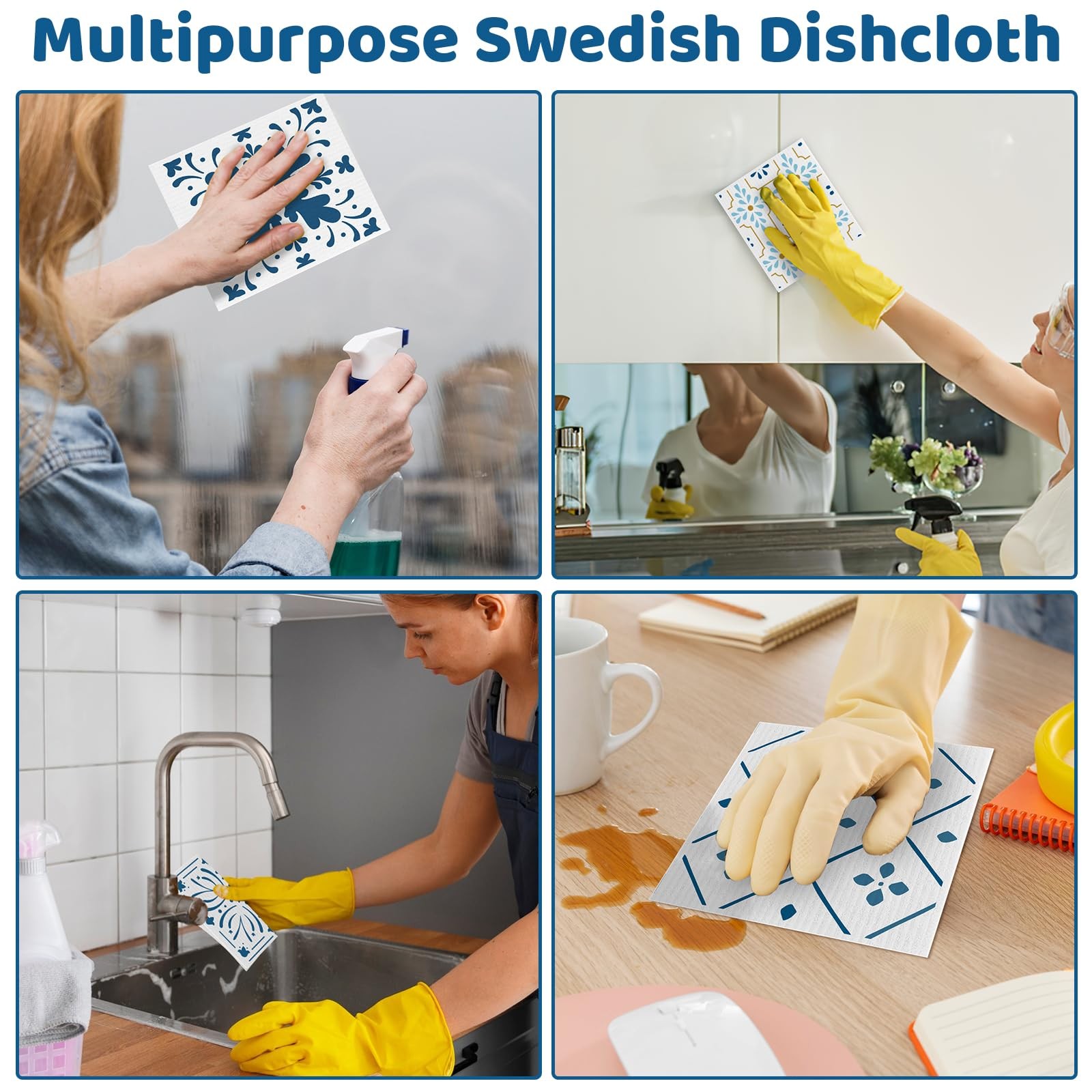 Reusable Washable Absorbent Cellulose Sponge Swedish Dishcloths Clips 6 Pack