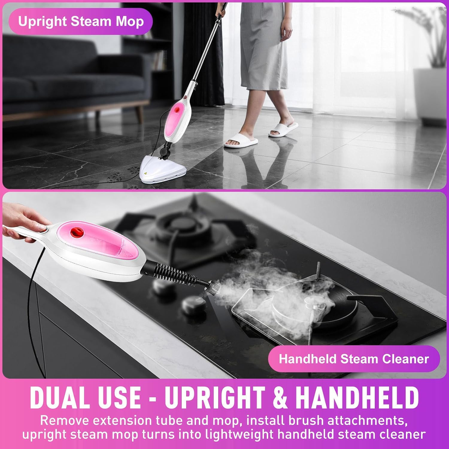 🏠2-in-1 Steam Mop Detachable Handheld 20S Fast Heat 16FT 10-in-1 Deep Clean