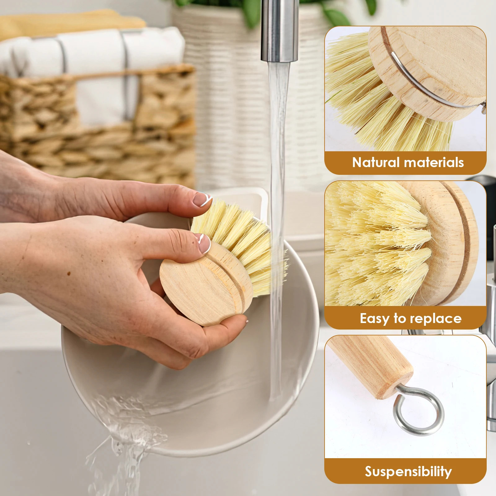 3/4/5/10Pcs Bamboo Dish Scrub Brushes Replaceable Dish Brush Kitchen Cleaning Sc