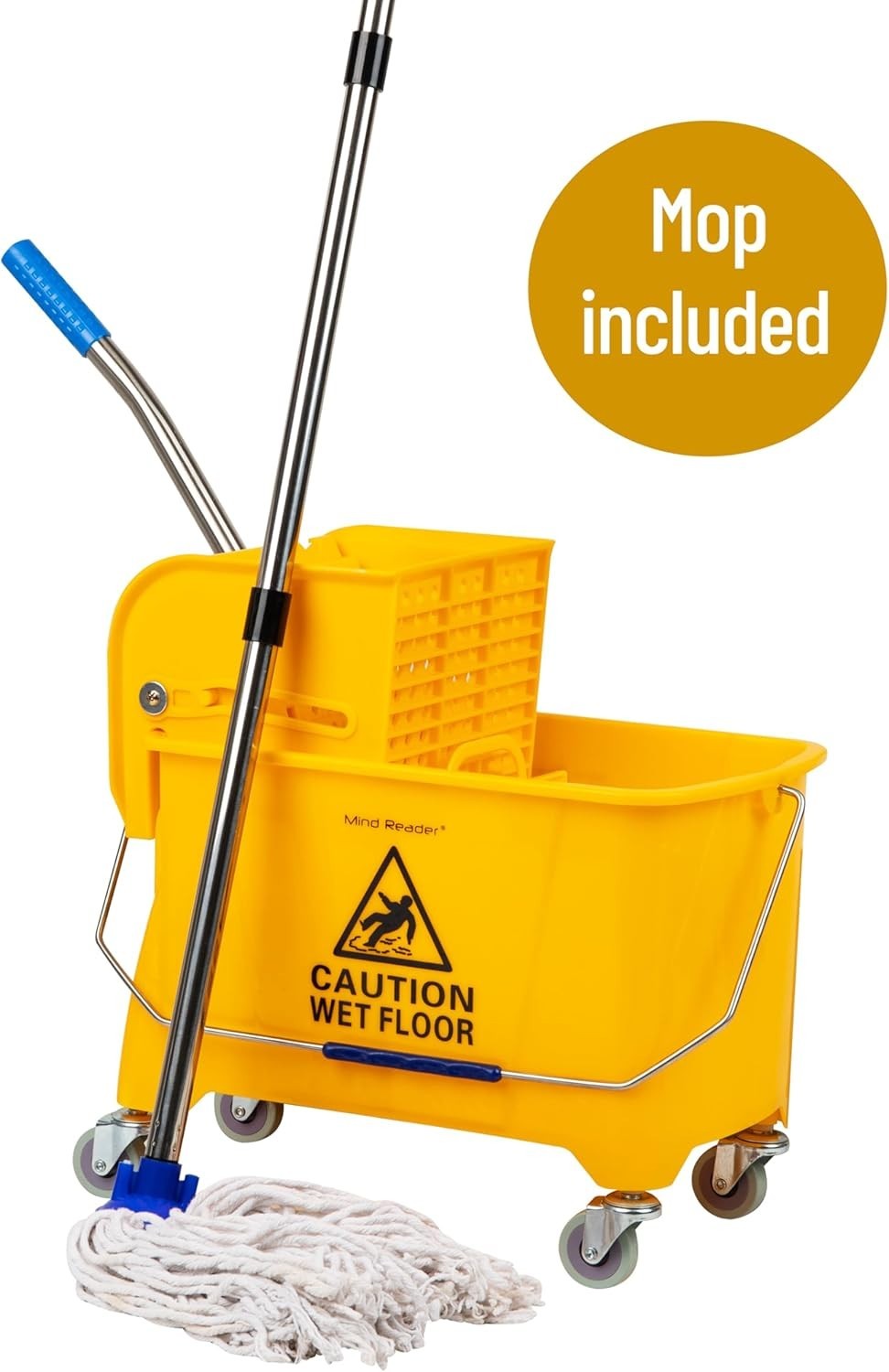Mind Reader Floor Cleaning Bucket with Wringer and Mop Set – Yellow with Wheels