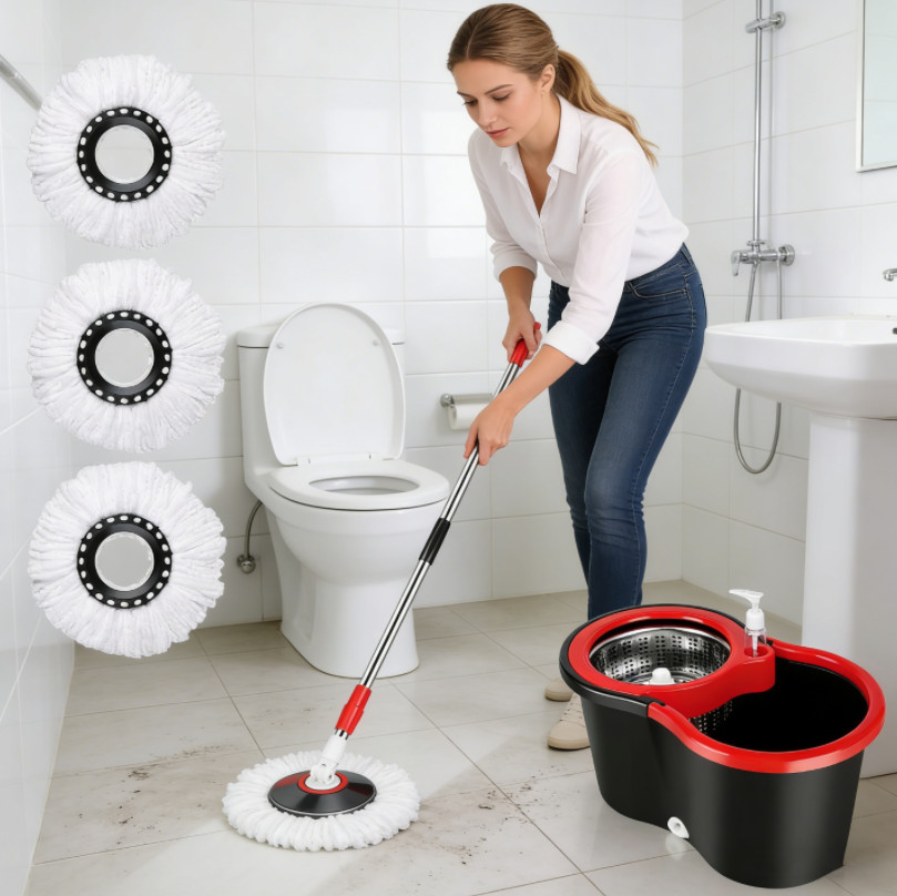 360° Spin Mop & Bucket Set w/ 3 Microfiber Heads, Stainless Steel Wringer