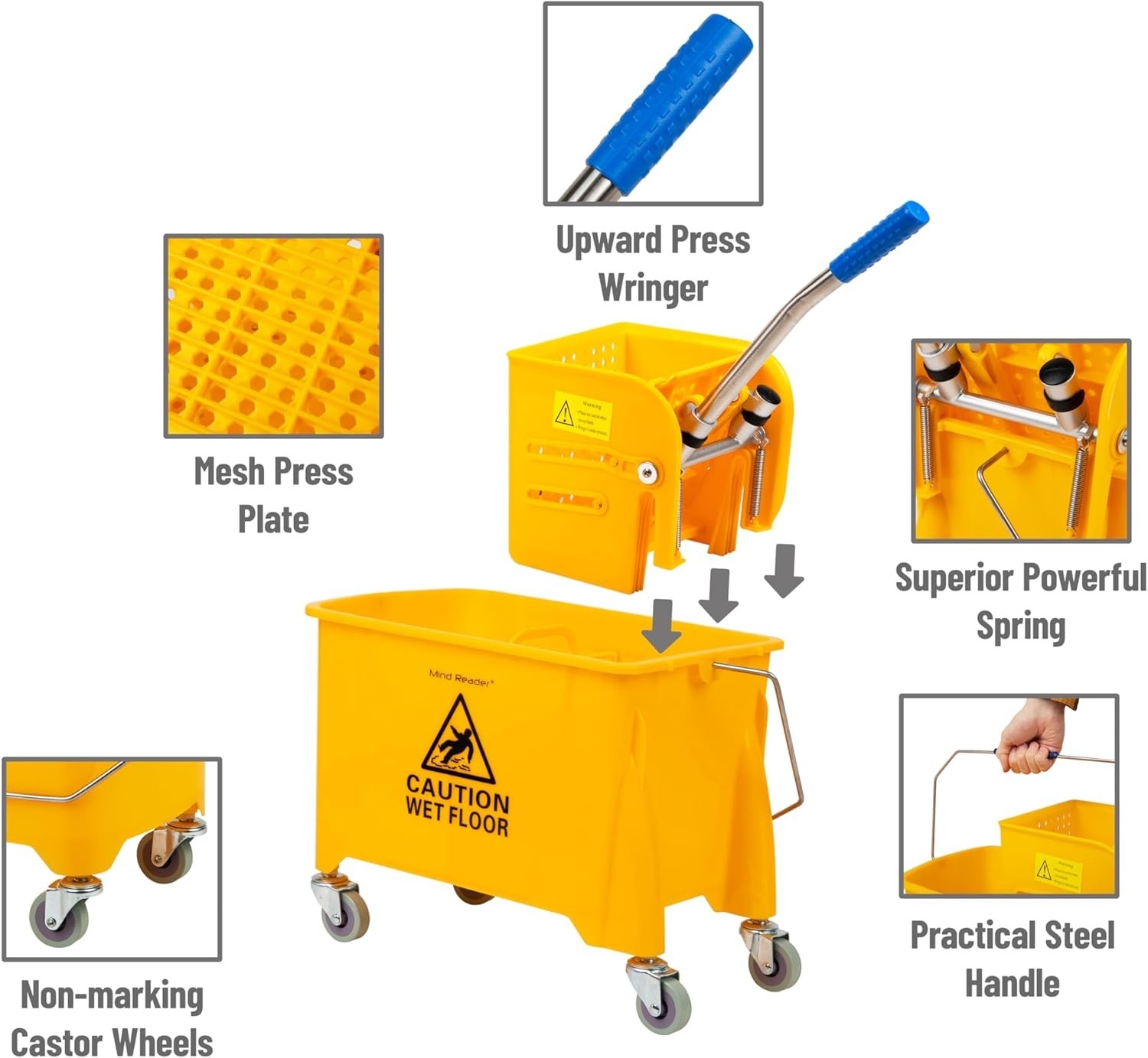 Mind Reader Floor Cleaning Bucket with Wringer and Mop Set – Yellow with Wheels