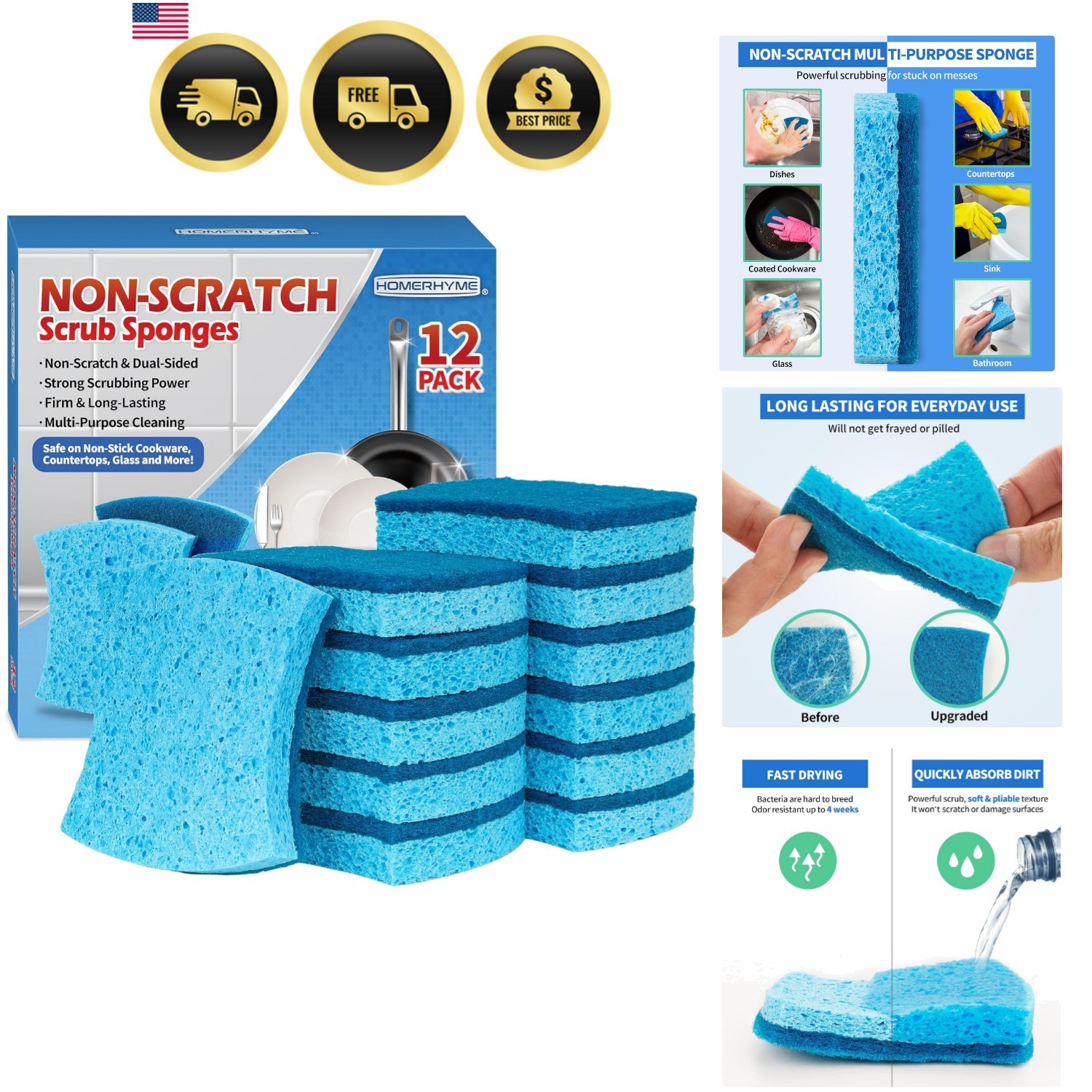 Non-Scratch Cellulose Scrub Sponges 12 Pack, Sponges Kitchen with Double-Side…