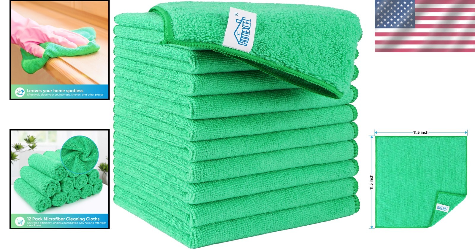 Versatile 12 Pack Green Microfiber Towels – Lint-Free & Highly Absorbent