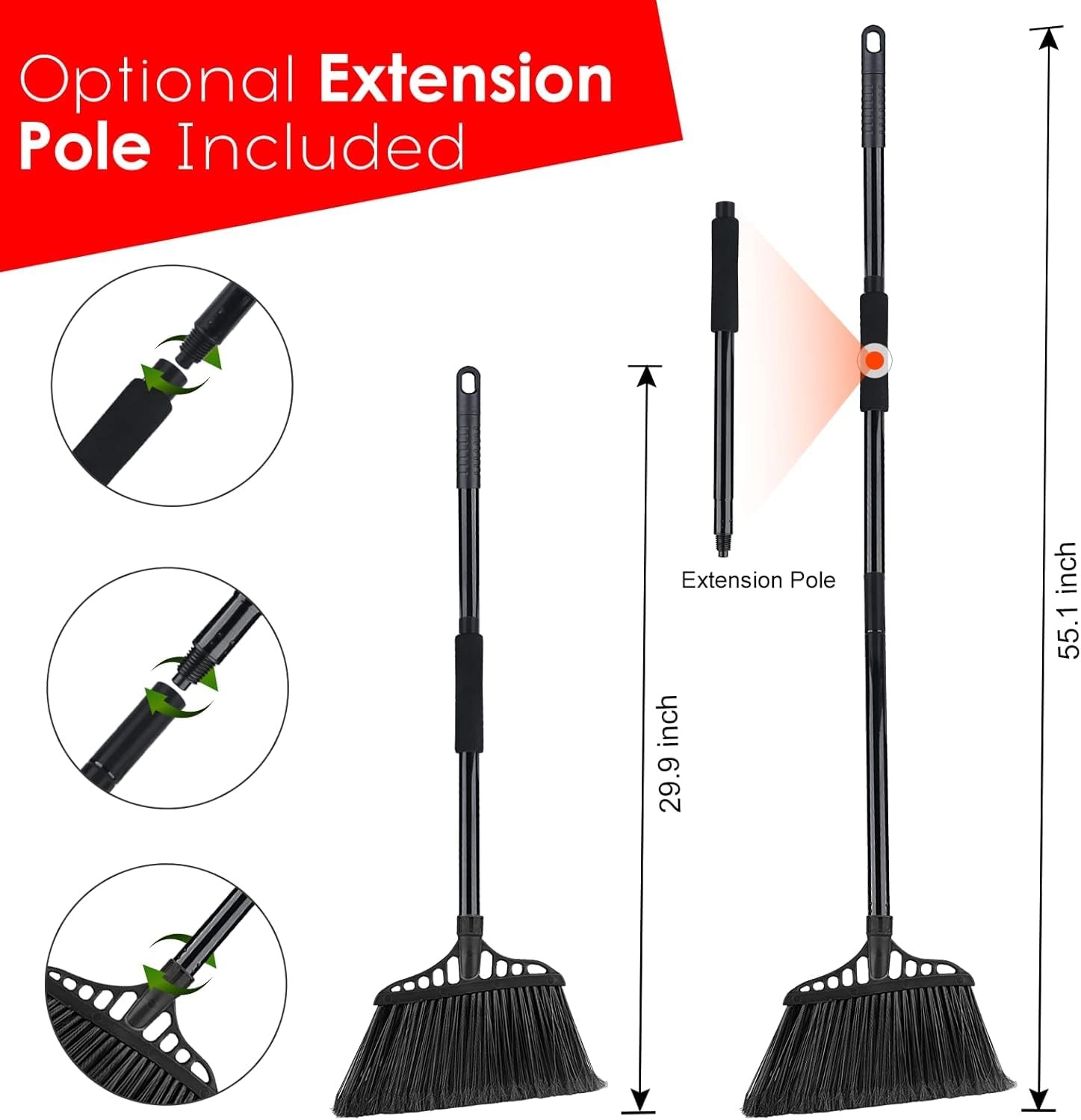 Tiumso Outdoor Broom for Floor Cleaning, Heavy Long Handle Broom, All Black