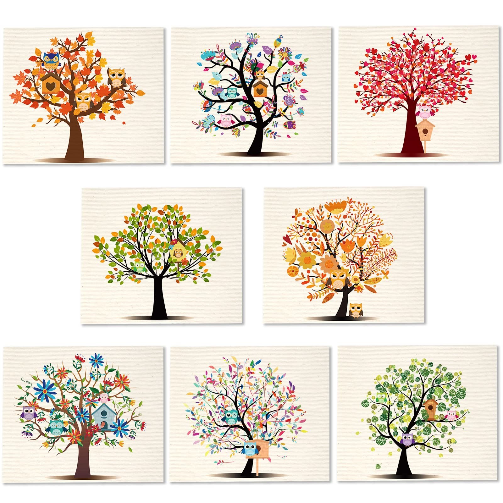 8 Pieces Swedish Kitchen Dishcloths Mixed Trees Owls Washable Reusable Sponge…
