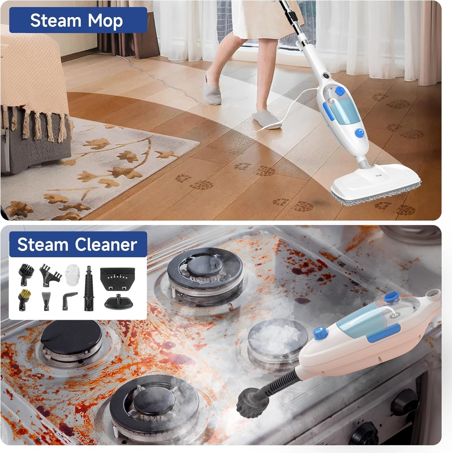 Steam Mop for Floor Cleaning, 10in1 Multi Purpose Handheld Steamer Cleaner De…