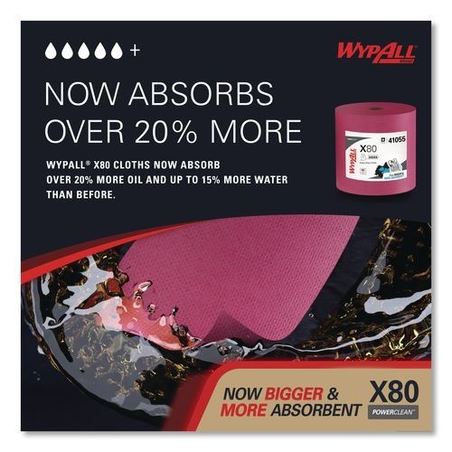WypAll X80 Heavy Duty Cloths, Jumbo, Perforated,12.4×12.2, Red, 455 Wipers/Roll