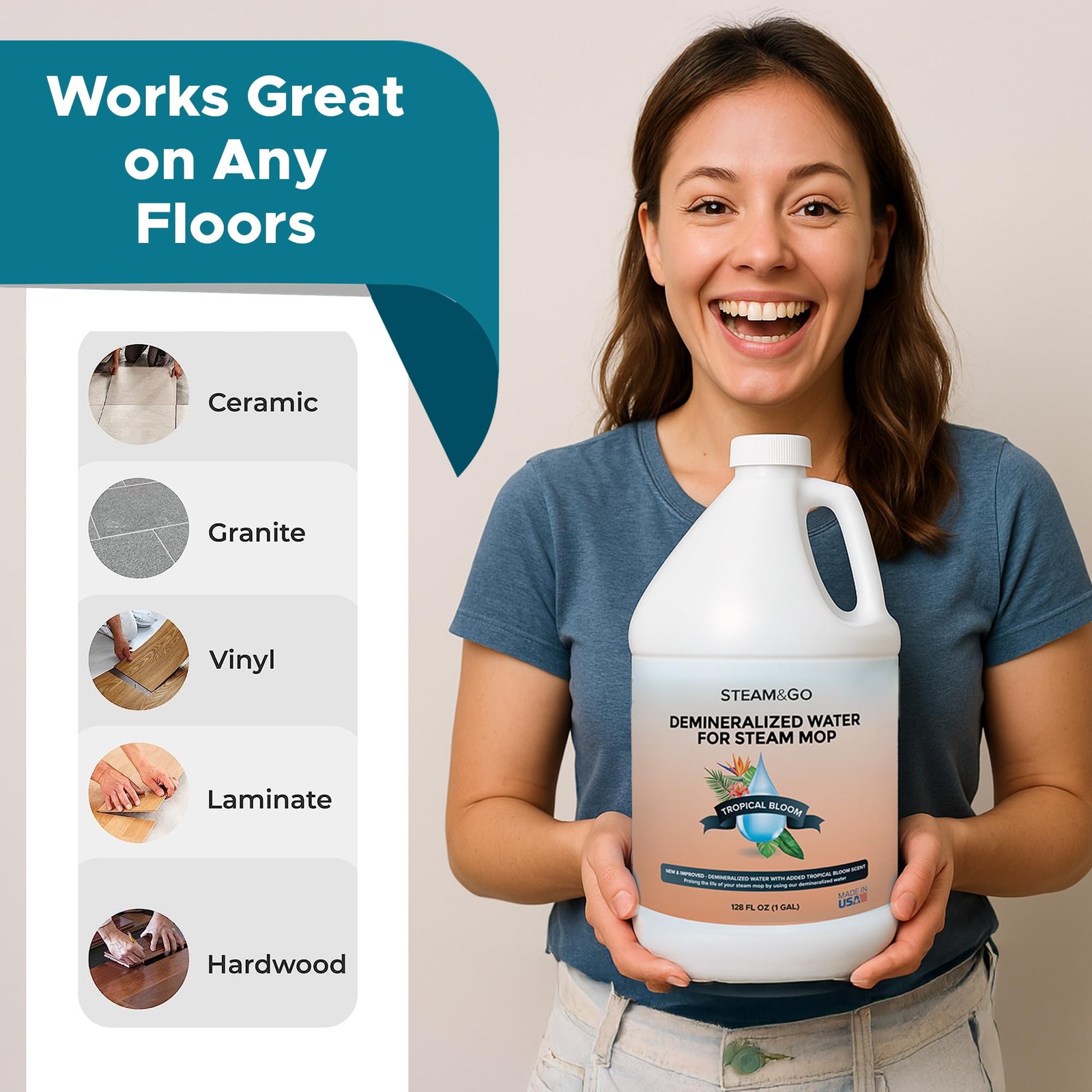 Steam & Go Demineralized Water for Steam Mop – Tropical Bloom Scent, 128 Fl O…