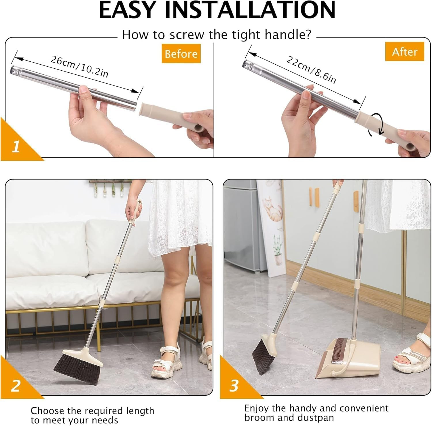 Broom and Dustpan Set with Long Handle, Light Weight Stainless Steel Poles Stand